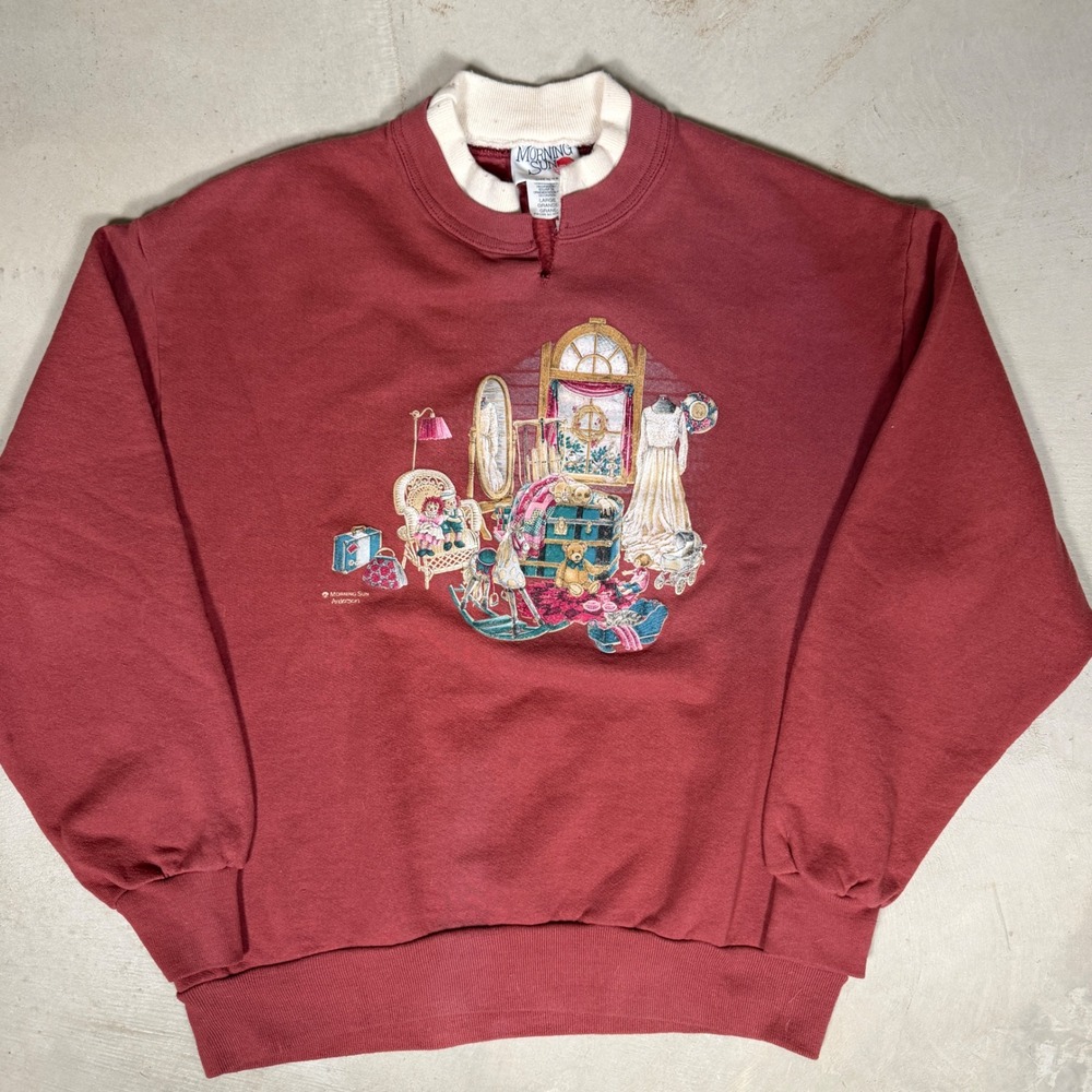 Morning Sun Vintage 90s Maroon Graphic Sweatshirt Womens Large Made in USA Attic